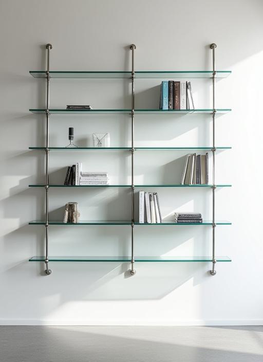 Libreria a parete modulare in acciaio e vetro